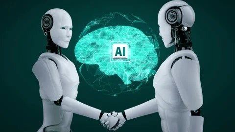 3D rendering hominoid robot handshake to collaborate future technology Stock Footage 233423401