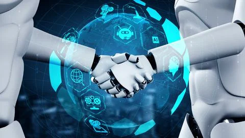 3D rendering hominoid robot handshake to collaborate future technology Stock Illustration