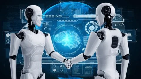 3D rendering hominoid robot handshake to collaborate future technology Stock Illustration