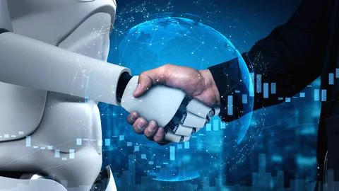 3D rendering hominoid robot handshake to collaborate future technology Stock Illustration