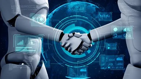 3D rendering hominoid robot handshake to collaborate future technology Stock Illustration