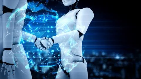 3D rendering hominoid robot handshake to collaborate future technology Stock Illustration