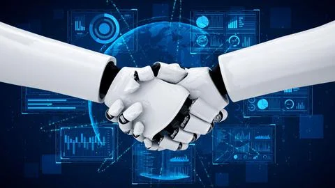 3D rendering hominoid robot handshake to collaborate future technology Stock Illustration