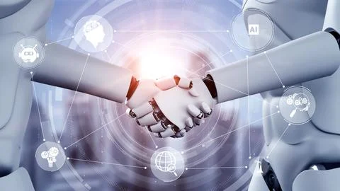 3D rendering hominoid robot handshake to collaborate future technology Stock Illustration