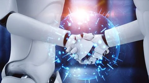 3D rendering hominoid robot handshake to collaborate future technology Illustrazione stock