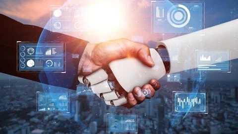 3D rendering hominoid robot handshake to collaborate future technology Stock Illustration