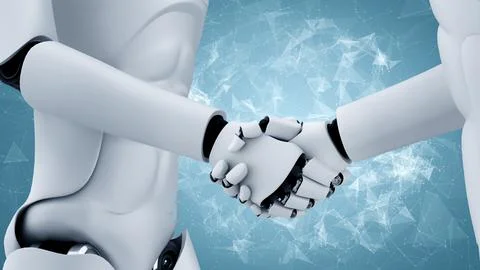 3D rendering hominoid robot handshake to collaborate future technology Stock Illustration