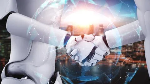 3D rendering hominoid robot handshake to collaborate future technology Stock Illustration