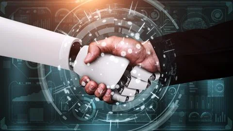 3D rendering hominoid robot handshake to collaborate future technology Stock Illustration