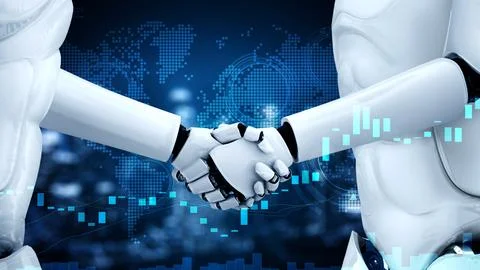 3D rendering hominoid robot handshake with stock market trading chart Illustrazione stock
