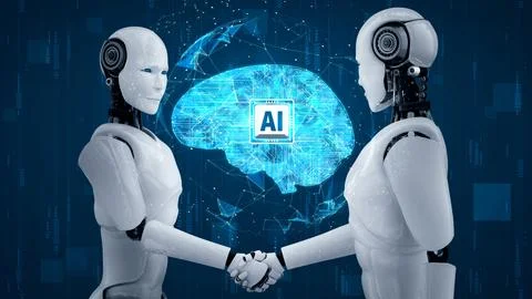 3D rendering hominoid robot handshake to collaborate future technology Stock Illustration
