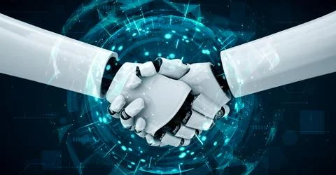 3D rendering hominoid robot handshake to collaborate future technology Stock Illustration