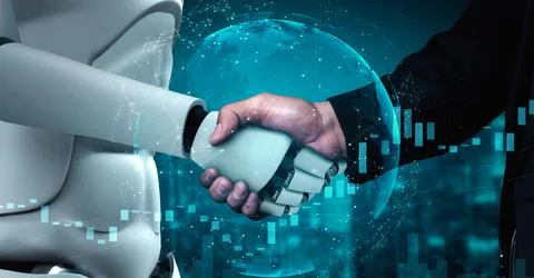 3D rendering hominoid robot handshake to collaborate future technology Stock Illustration