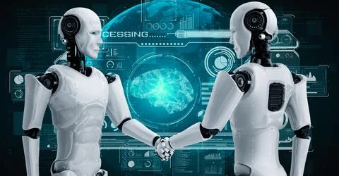 3D rendering hominoid robot handshake to collaborate future technology 스톡 일러스트