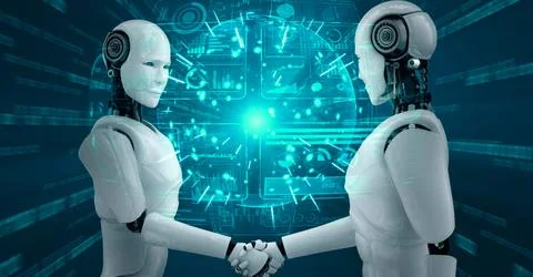 3D rendering hominoid robot handshake to collaborate future technology Stock Illustration