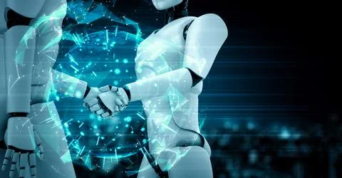 3D rendering hominoid robot handshake to collaborate future technology Stock Illustration