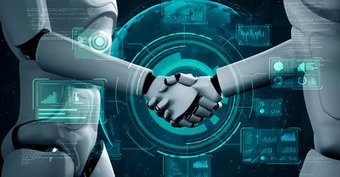 3D rendering hominoid robot handshake to collaborate future technology 스톡 일러스트
