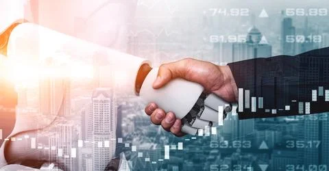 3D rendering hominoid robot handshake to collaborate future technology Stock Illustration
