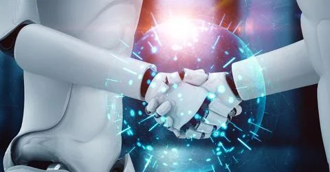 3D rendering hominoid robot handshake to collaborate future technology Stock Illustration