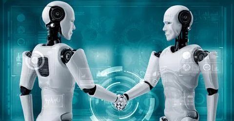 3D rendering hominoid robot handshake to collaborate future technology Stock Illustration