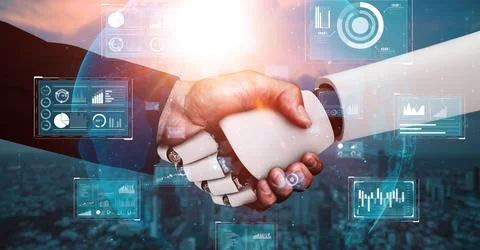 3D rendering hominoid robot handshake to collaborate future technology Stock Illustration