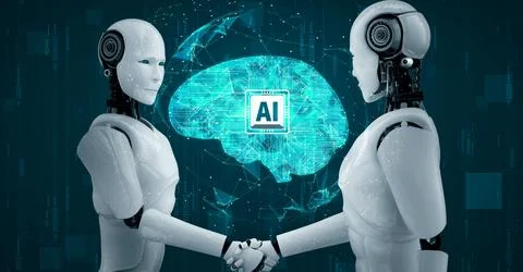3D rendering hominoid robot handshake to collaborate future technology Stock Illustration