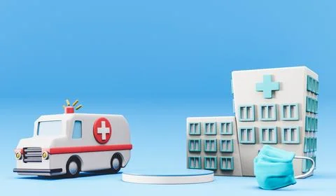 3D rendering of hospital building and ambulance surrounding pedestal on blue Ilustración de archivo