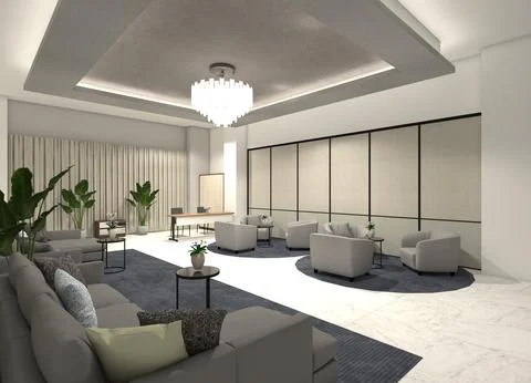 3D rendering of a hotel lobby interior with comfortable sofas Stock Illustration