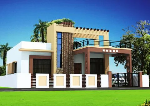 3D rendering of a house with an abstract exterior design and a car Illustrazione stock