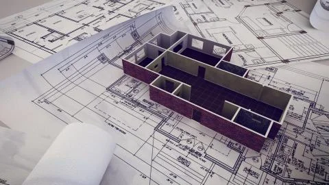 3d rendering of House is building on blueprints. Ilustración de archivo
