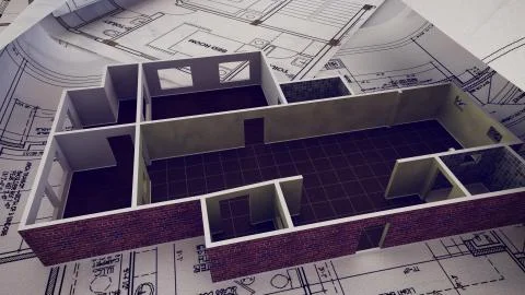 3d rendering of House is building on blueprints. Ilustración de archivo