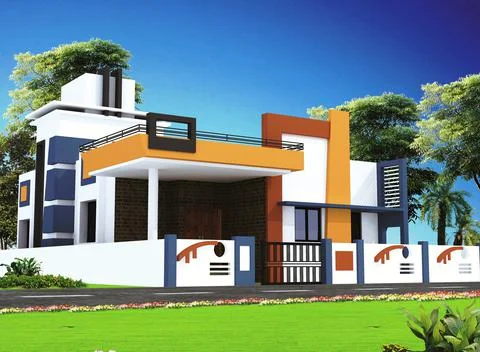 3D rendering of a house exterior design with orange color components Illustrazione stock