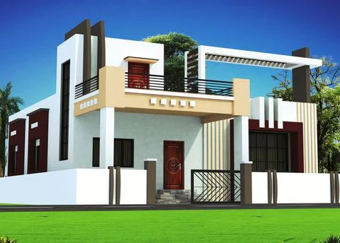 3D rendering of a house exterior design withan open gate Illustrazione stock