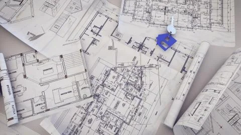 3d rendering of  House Key on a blueprints. Stock Illustration