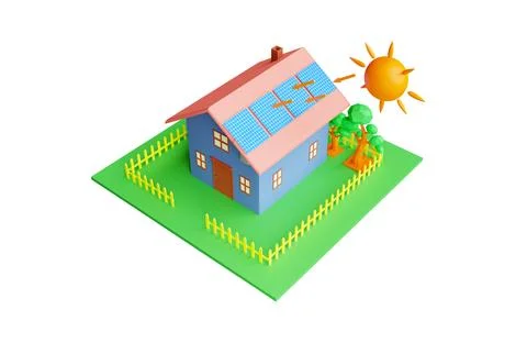 3d Rendering House with solar panels on the roof and sun illustration Ilustración de archivo