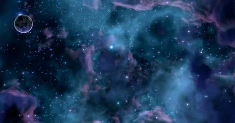 3D rendering. A huge glowing nebula with young stars and a lonely planet. Spa Stock Illustration