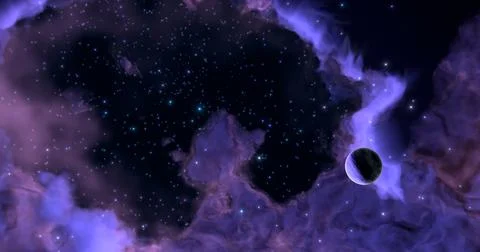 3D rendering. A huge glowing nebula with young stars and a lonely planet. Spa Stock Illustration