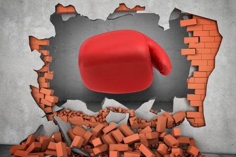 3d rendering of a huge red boxing glove punches right throw a red brick wall Stock Illustration