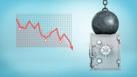 3d rendering of a huge wrecking ball sitting on a deformed silver safe box イラスト素材