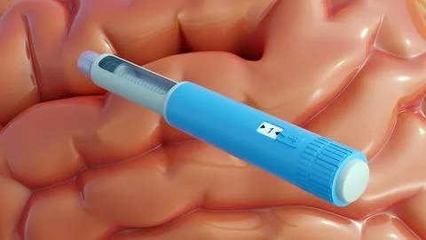 A 3d rendering of the human brain and injector pens. Stock Illustration