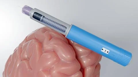A 3d rendering of the human brain and injector pens. Stock Illustration