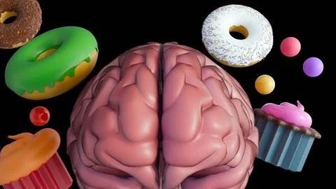 A 3D rendering of human brain and assortment of sugary treats Stock Illustration