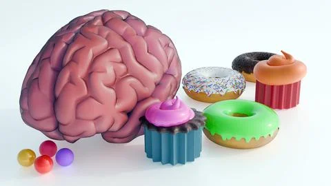 A 3D rendering of human brain and assortment of sugary treats Stock Illustration
