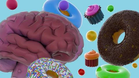 A 3D rendering of human brain and assortment of sugary treats Stock Illustration