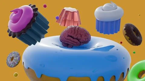 A 3D rendering of human brain and assortment of sugary treats Stock Illustration