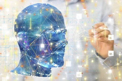 3D rendering of a human face with connecting lines and dots and a man in the Stock Photos