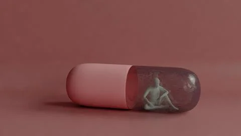 3D rendering of a human figure trapped inside a transparent capsule pill, symbol Stock Illustration