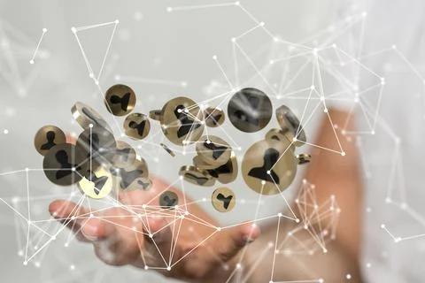3d rendering of human figures in golden circles connected with neural networks f Stock Photos