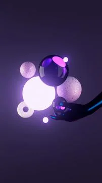 3D rendering of a human hand floating next to neon circle shaped objects on purp Foto stock