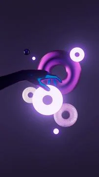 3D rendering of a human hand floating next to neon circle shaped objects on purp Foto stock